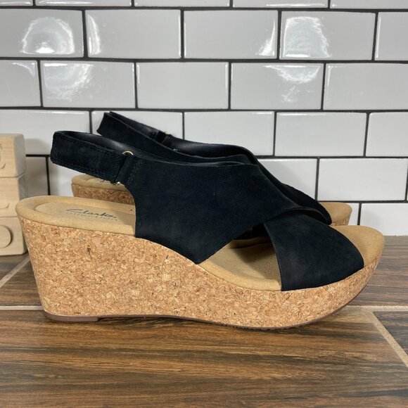 Clarks Annadel Eirwyn Womens Size 12 Shoes Black Nubuck Slingback Wedge Sandal - Picture 3 of 12
